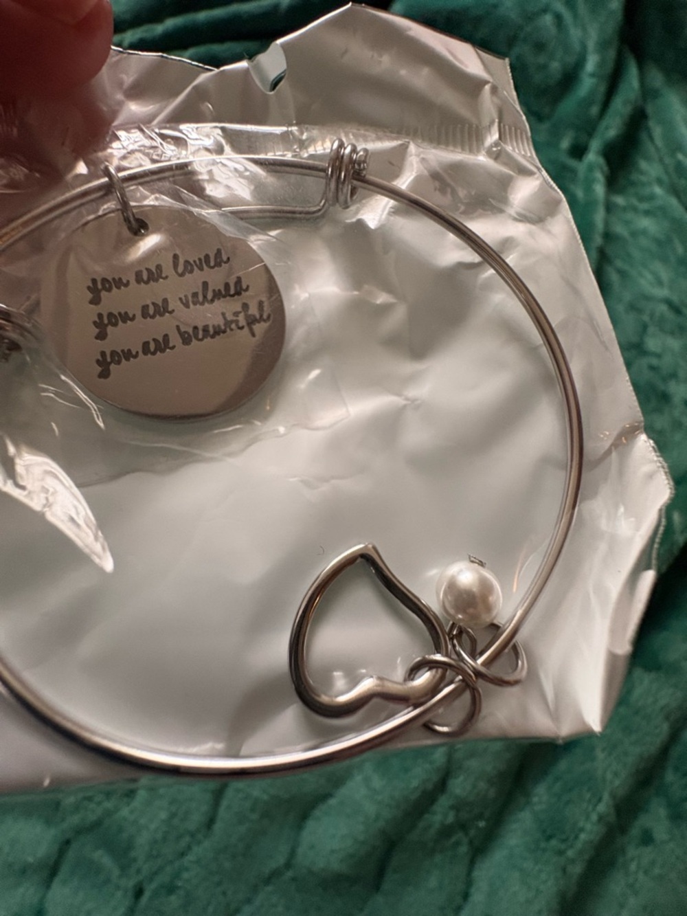 Silver Tone Heart Pearl Inspirational Bangle Bracelet | “You are loved” Quote